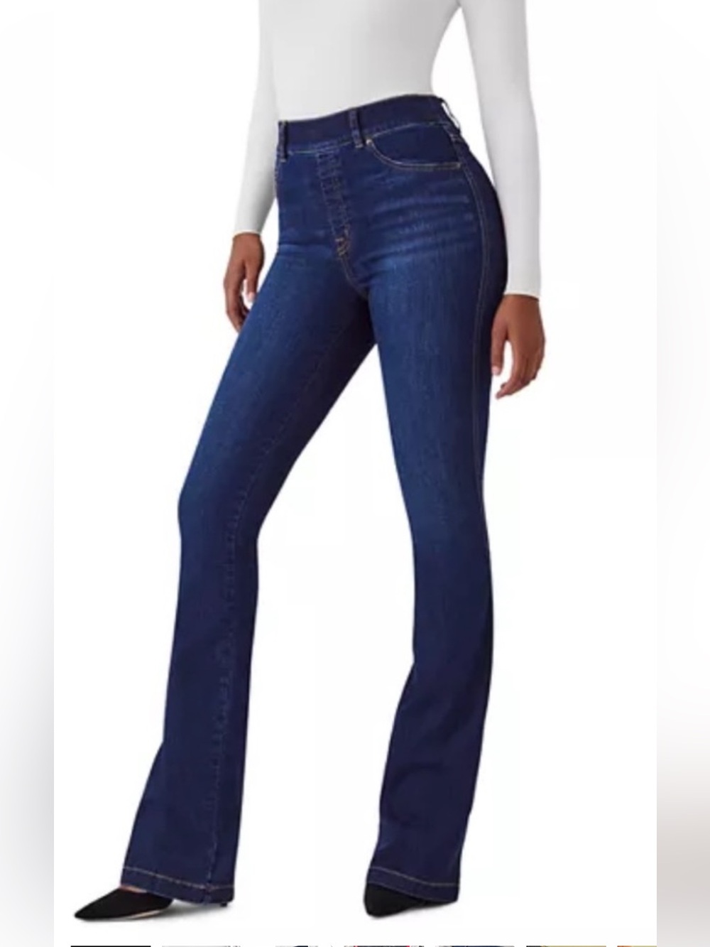 SPANX Flare Jeans High Rise Midnight Shade Pull-on Stretch Denim Size L Tall